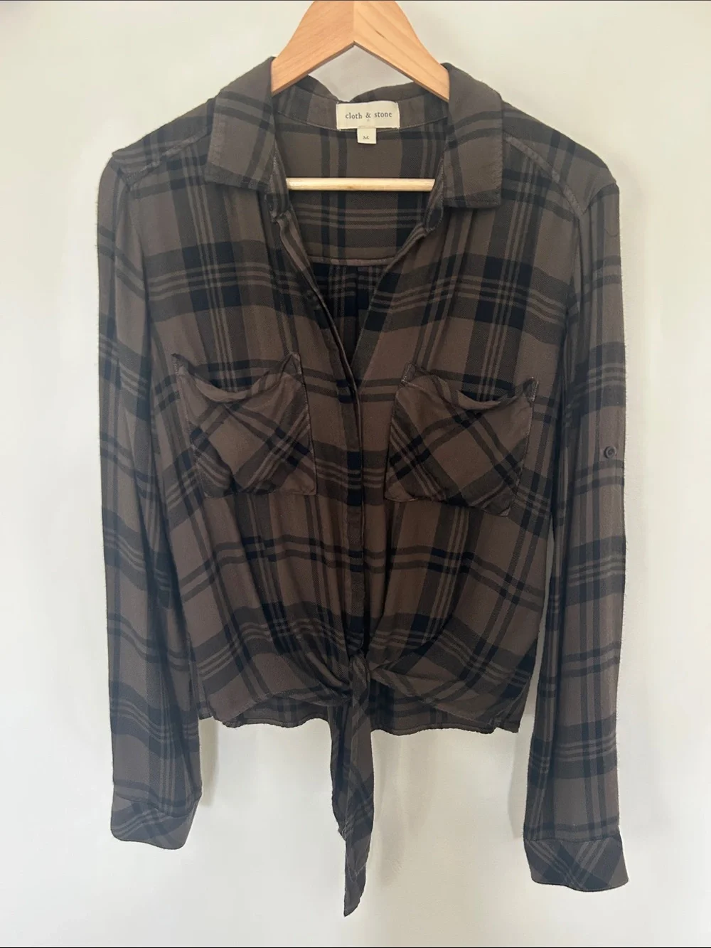 Cloth & Stone Green and Black Plaid Tie-Front Button Shirt - Picture 2 of 9